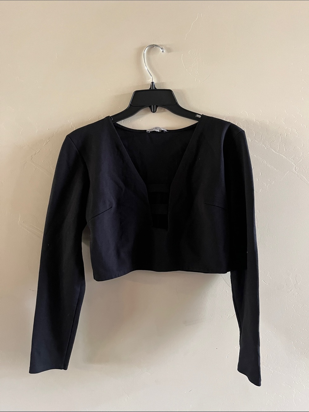 Charlotte Russe Black Long-Sleeve Cropped V-Neck Top with Ladder Detail